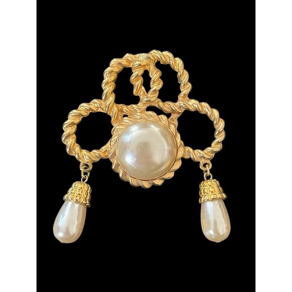 PARK LANE Vintage Brooch Pin Gold Tone Signed Faux Pearl Drop Dangle Rope Design - Picture 2 of 4